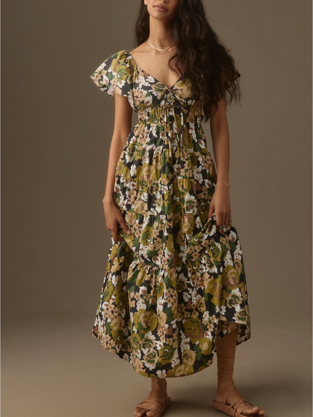 Anthropologie Moon River V-Neck Shirred Midi Dress
